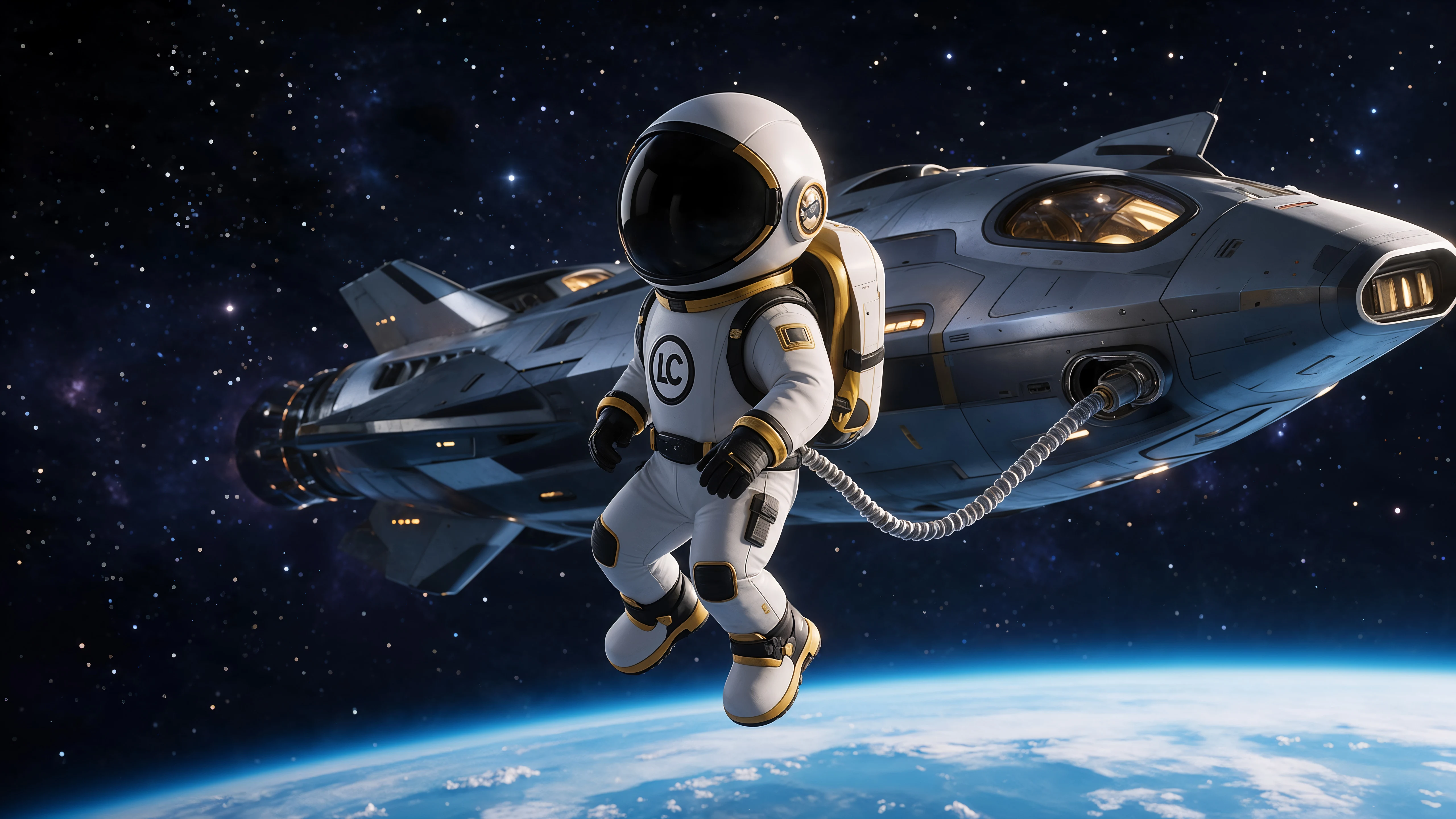 O astronauta da LC flutuando no espaço, ligado por um cabo à nave.