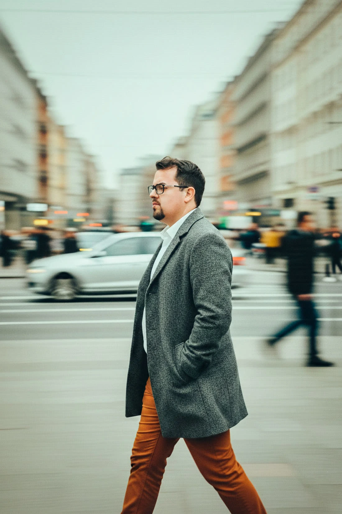 Lucas Correa atravessando uma avenida movimentada, de sobretudo cinza, com o trânsito desfocado ao redor.