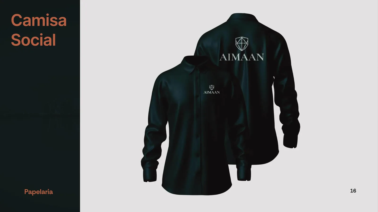 Camisa social verde-escura com o logotipo aplicado no peito.
