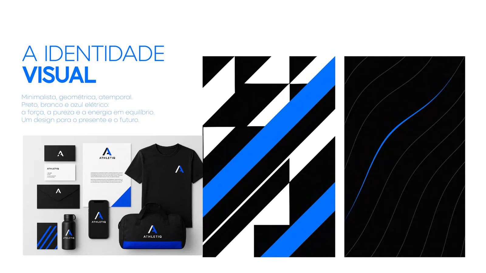 Prancha da identidade visual com papelaria, camiseta e grafismos diagonais.