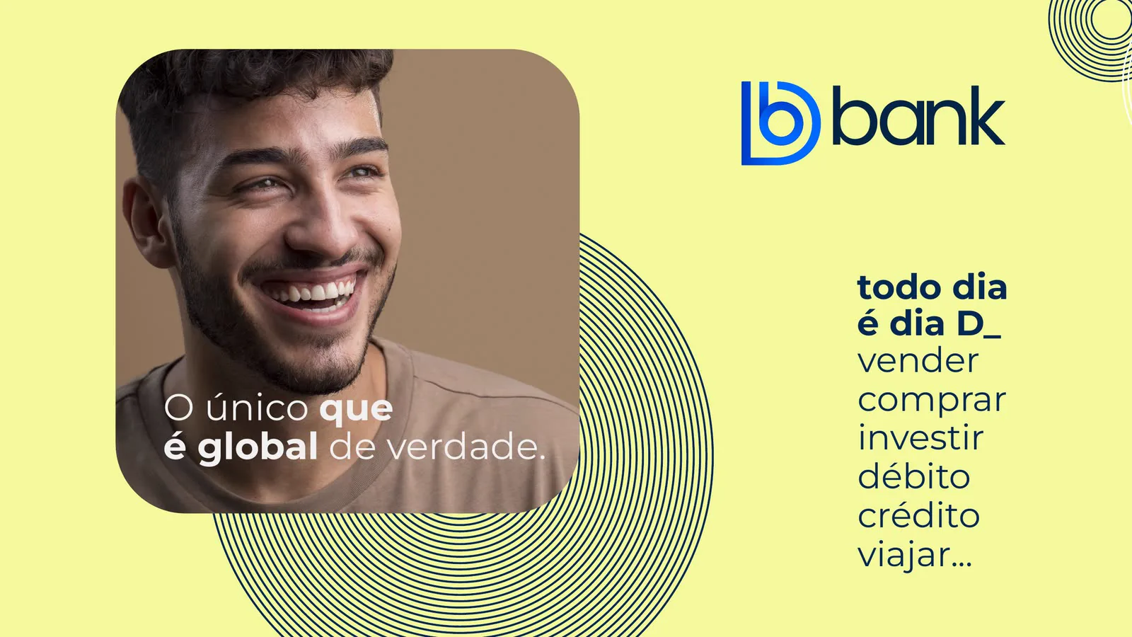 Peça de campanha amarela com um homem sorrindo e a lista de serviços do banco.