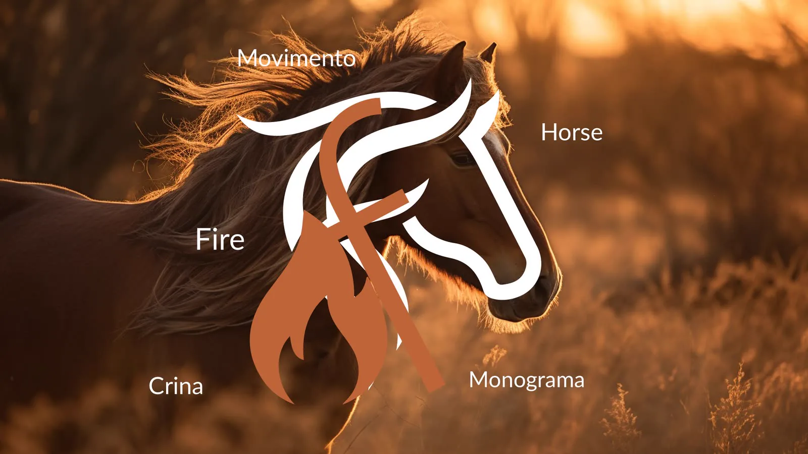 Construção do símbolo sobre a foto de um cavalo ao pôr do sol, com fogo, crina, cavalo e monograma identificados.