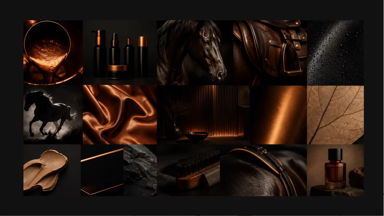 Colagem de materiais escuros — couro, metal e cobre — que definem o universo tátil da marca.