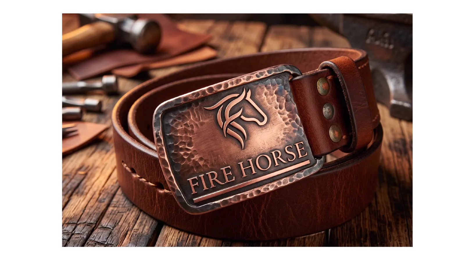 Cinto de couro com fivela gravada com o nome Fire Horse.