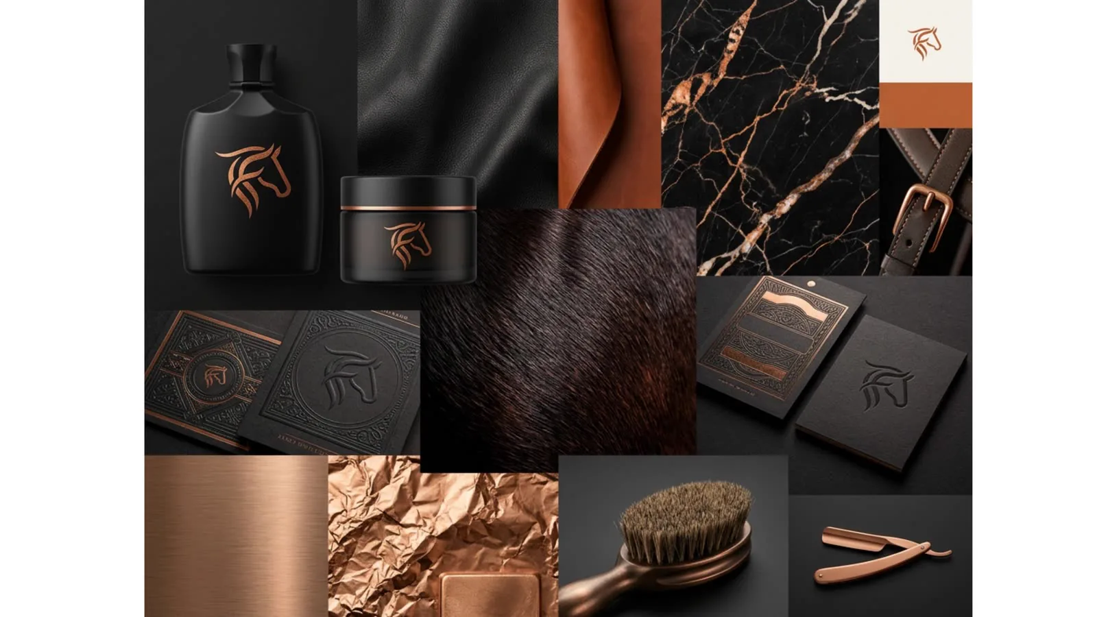 Moodboard de materiais com couro, mármore, escova e frasco da linha.