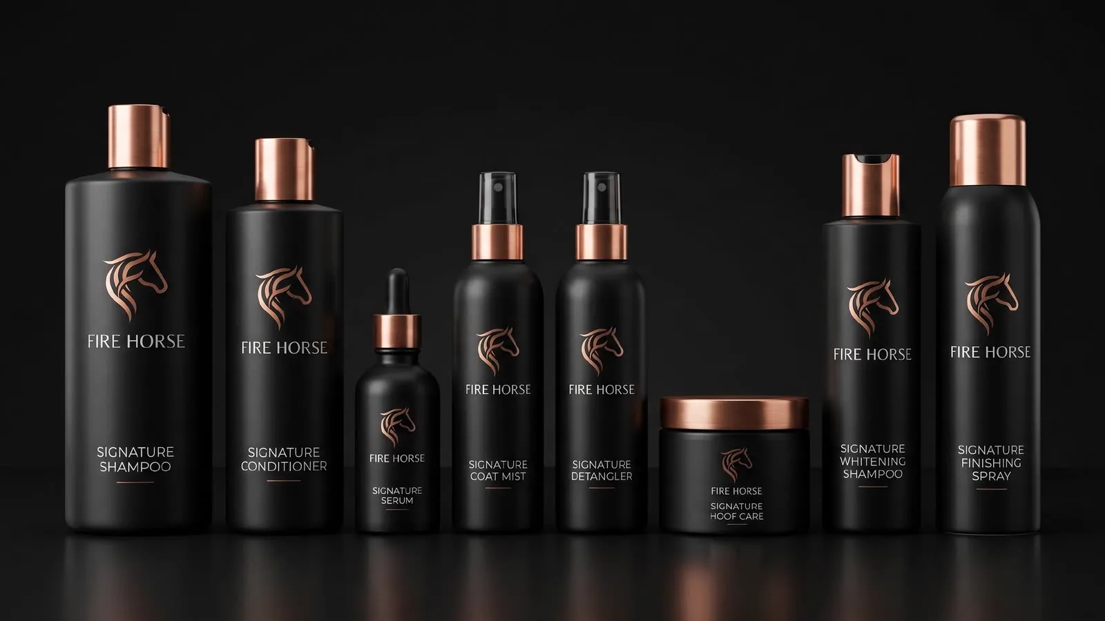 Linha de produtos alinhada sobre fundo escuro, com reflexos em cobre.