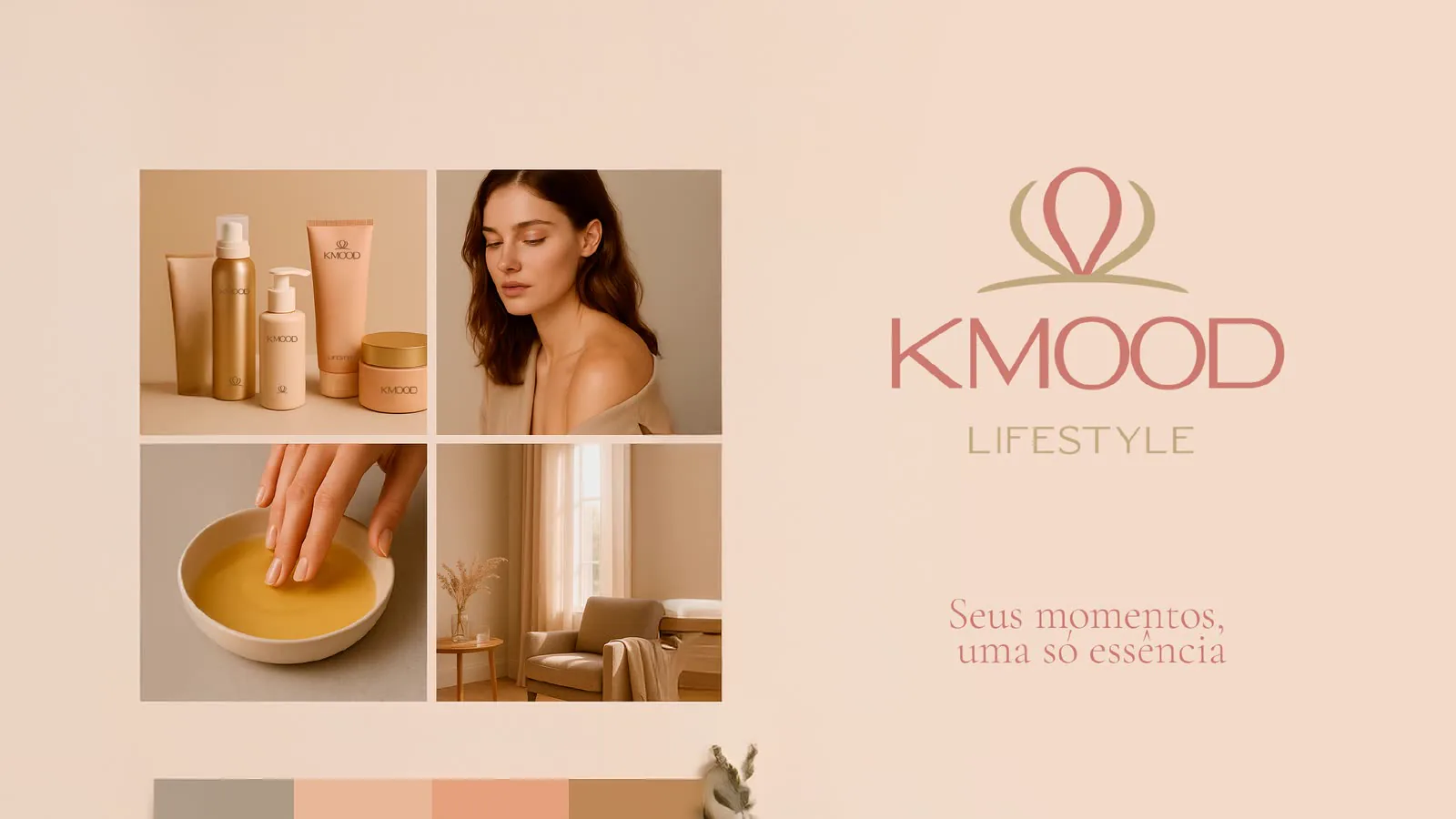 Grade de campanha com frascos, uma modelo e blocos de cor em tons rosados.