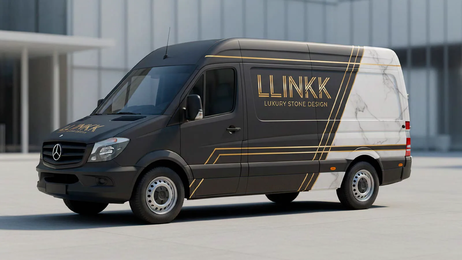 Van de entrega adesivada com o logotipo e o fio dourado da identidade.
