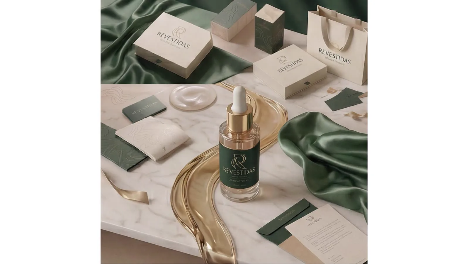Sérum Revestidas deitado sobre seda verde, ao lado de cartões e caixas da linha.