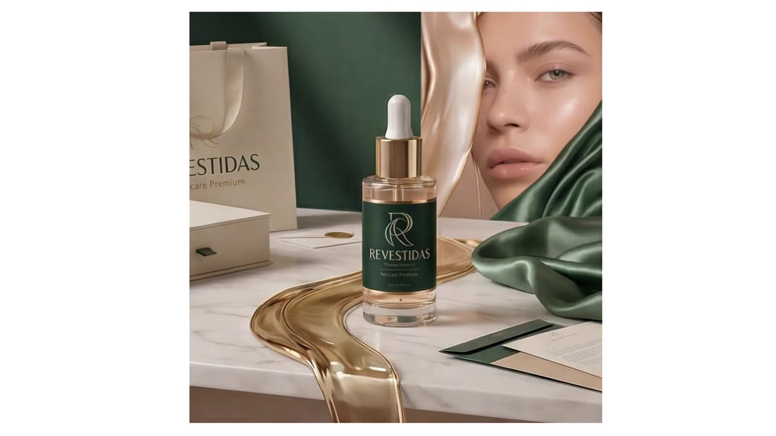 Composição com o rosto de uma modelo, o frasco do sérum e a sacola da marca.