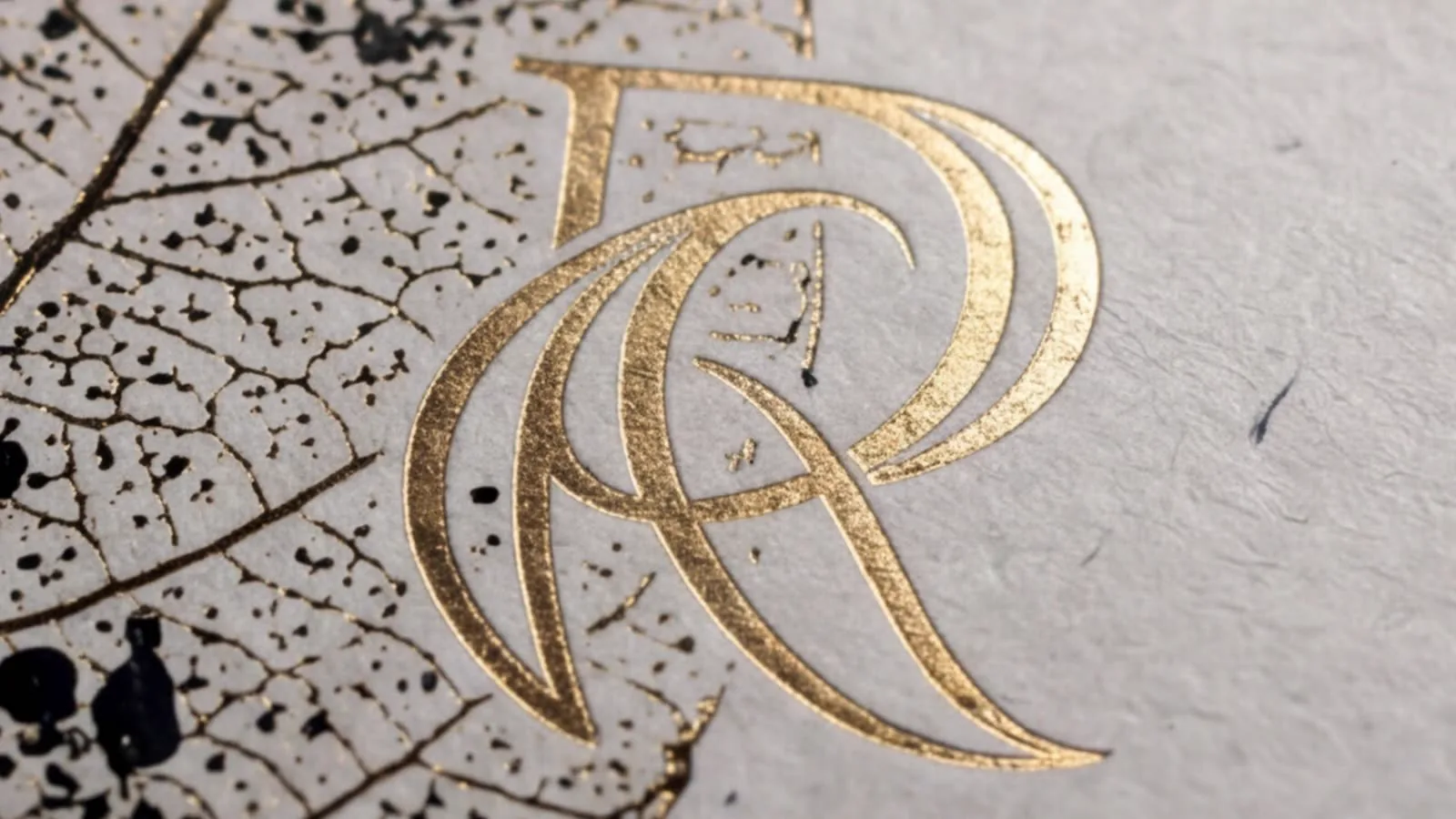 Monograma dourado em alto-relevo sobre superfície de concreto, com sombras de folhas.