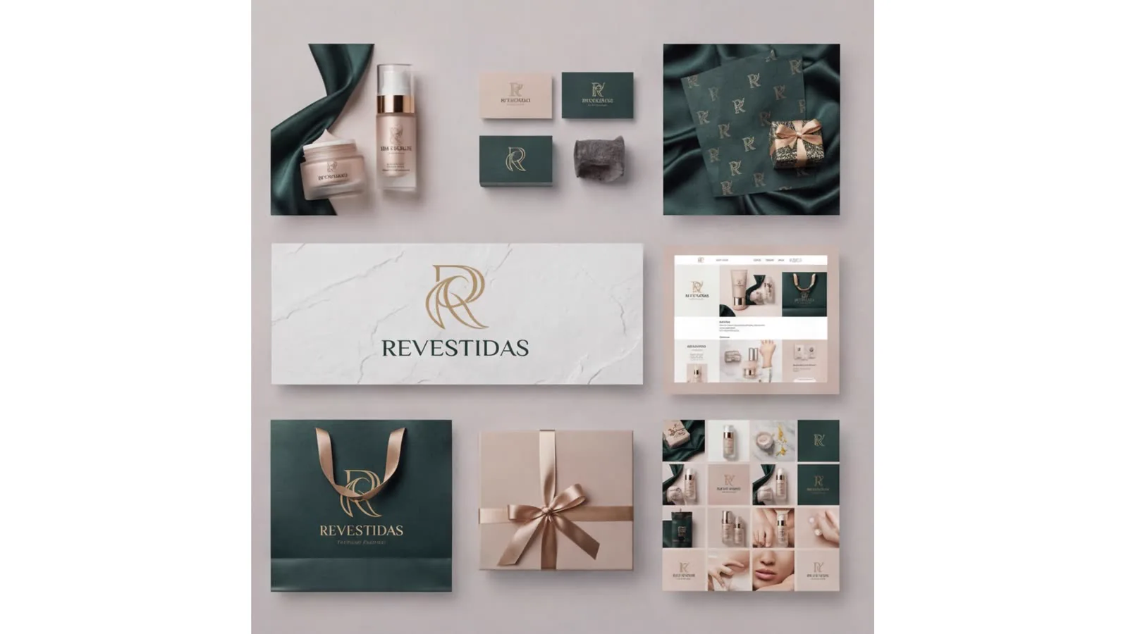 Grade com o kit de papelaria completo: cartões, envelopes, sacola e embalagens.