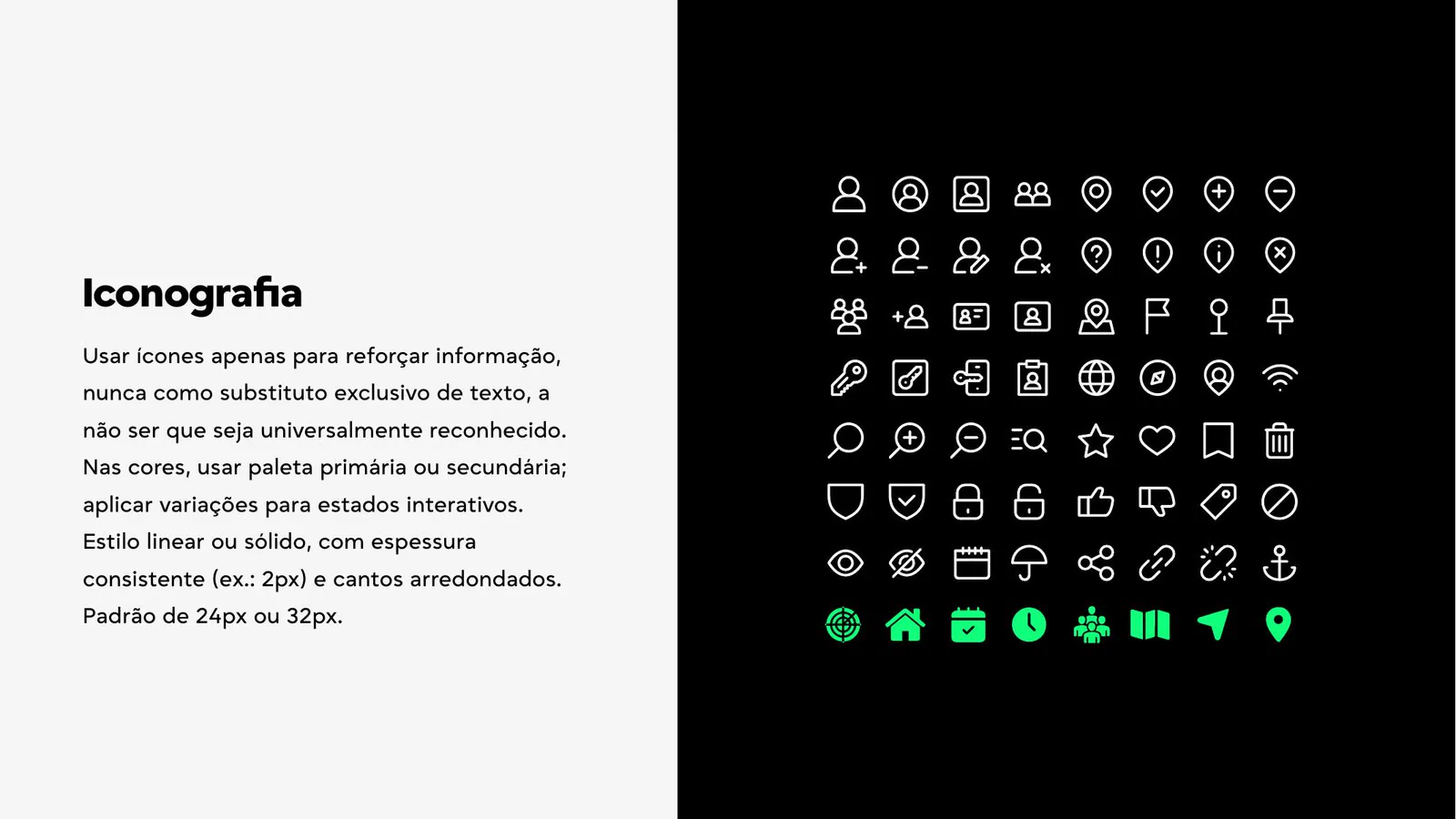 Conjunto de ícones de interface em verde sobre fundo preto.