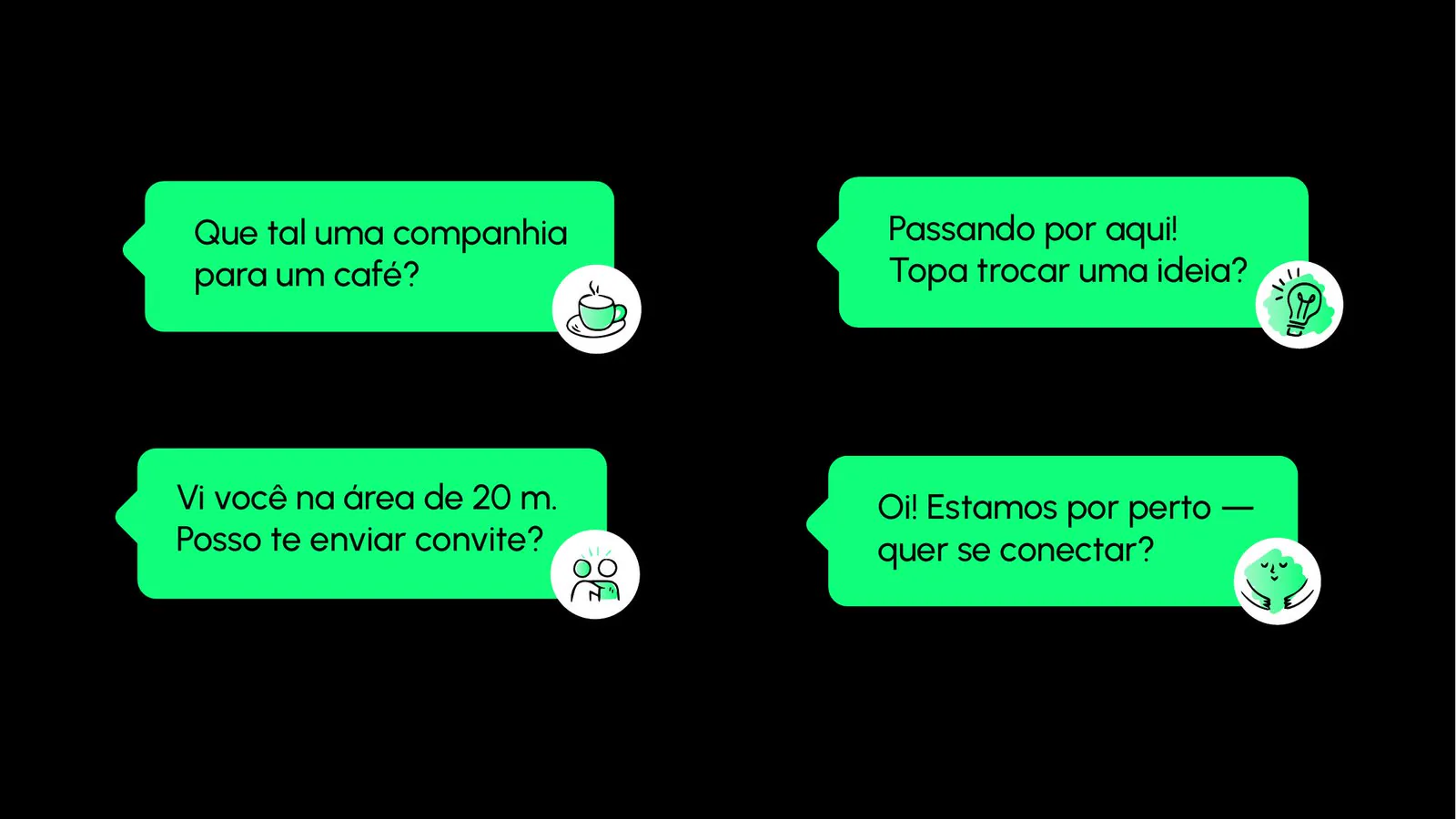 Balões de conversa em verde-limão com mensagens de exemplo do produto.