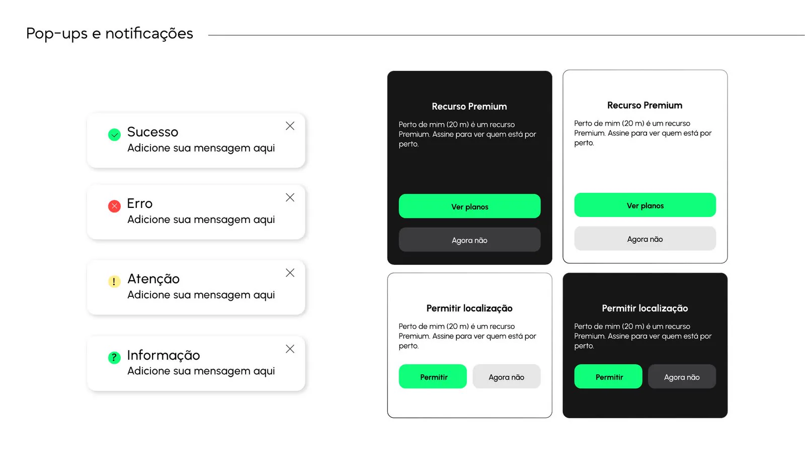 Especificação de pop-ups e notificações do aplicativo, em claro e escuro.